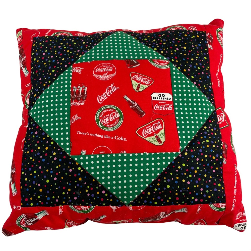 Vintage Handmade Coca-Cola Accent Pillow 14”x14” Square Logo Spell-out Polkadot